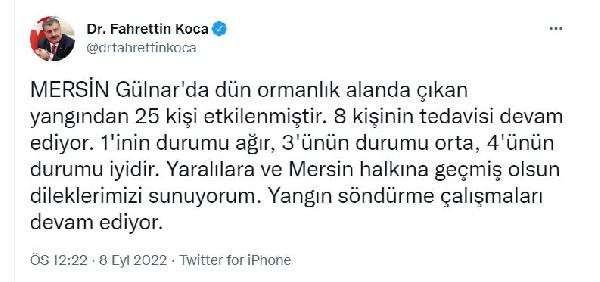 Bakan Koca: Mersin'de 25 kişi yangından etkilendi