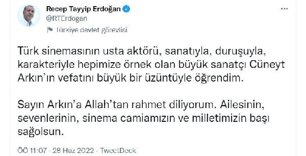 Cumhurbaşkanı Erdoğan'dan Cüneyt Arkın'a taziye mesajı yayınladı