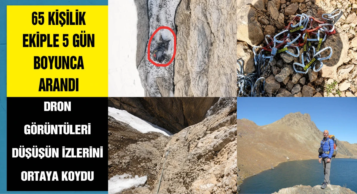&Ouml;len dağcının, 200 metre s&uuml;r&uuml;klendikten sonra ipte asılı kaldığı b&ouml;lge dronla g&ouml;r&uuml;nt&uuml;lendi