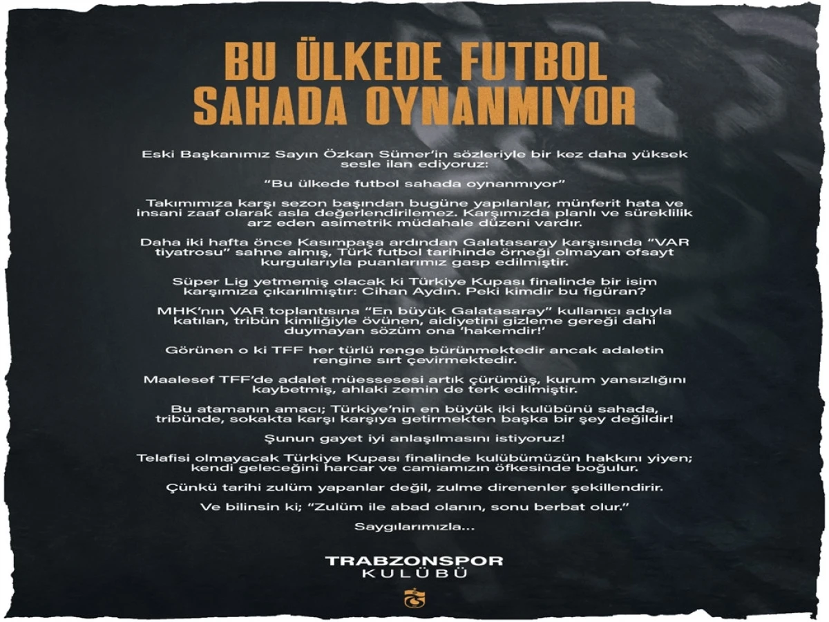 Trabzonspor’dan Türkiye Kupası final maçının hakem atamasına tepki
