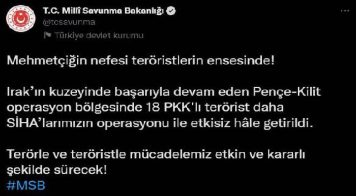 Pençe-Kilit operasyon bölgesinde 18 PKK'lı daha öldürüldü