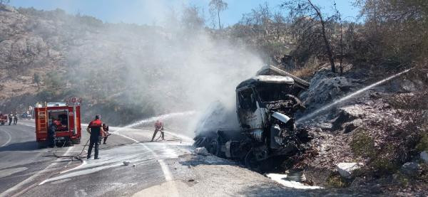 Şarampole devrilerek alev alan kamyonun, sürücü öldü